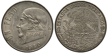 Мексика 1 песо 1980 Хосе Мария Морелос, закрытая 8 KM 460 медно-никель VF+ 215-925