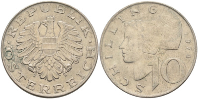 Австрия 10 шиллингов 1974 KM 2918 медно-никель 4681-725