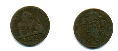 БЕЛЬГИЯ 2 САНТИМА 1863 BELGES KM 4.2 медь 57-516