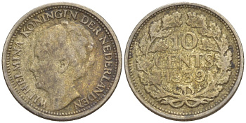 Нидерланды 10 центов 1939 Вильгельмина I (1890-1948) KM 163 серебро 4525-1255