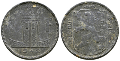 БЕЛЬГИЯ 1 ФРАНК 1942 BELGIQUE-BELGIE, ГЕРМАНСКАЯ ОККУПАЦИЯ, ВТОРАЯ МИРОВАЯ ВОЙНА KM 127 цинк 179-714