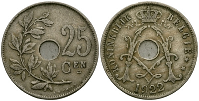 Бельгия 25 сантимов 1922 Belgie KM 69 медно-никель 4165-836