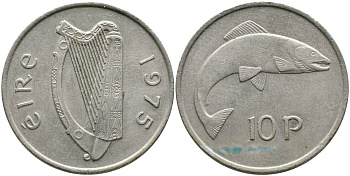 ИРЛАНДИЯ 10 ПЕНСОВ 1975 ЛОСОСЬ KM 23 медно-никель 4531-734