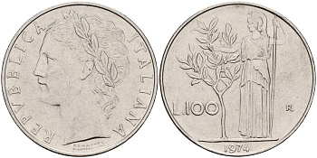 Италия 100 лир 1974 R, Афина в доспехах KM 96.1 нержавеющая сталь    4601-1047