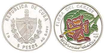 Куба 5 песо 1997 Карибская флора - Гибискус волнистый KM 581 серебро PROOF 11-085-34