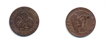 ИСПАНИЯ 1 СЕНТИМО 1870 ОМ, ЛЕВ СО ЩИТОМ KM 660 медь 4379-858