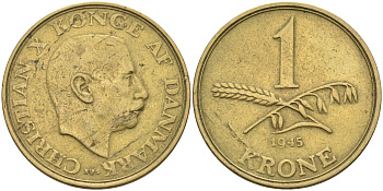 Дания 1 крона 1945 N; S, Кристиан X (1912-1947) KM 835 алюминиевая бронза 4587-1121