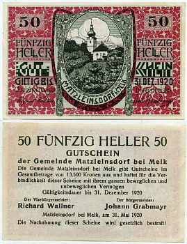 Австрия, Матцлейнсдорф (Мельк) 50 геллеров 1920 нотгельд бумага UNC 444-139-3