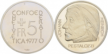 ШВЕЙЦАРИЯ 5 ФРАНКОВ 1977 ЙОХАН ГЕНРИХ ПЕСТАЛОЦЦИ, 150 ЛЕТ СО ДНЯ СМЕРТИ KM 55 медно-никель PROOF 1087-3-41