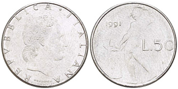 ИТАЛИЯ 50 ЛИР 1991 R, КУЗНЕЦ, ВУЛКАН БОГ ОГНЯ, ДИАМЕТР 16,5 ММ. KM 95.2 нержавеющая сталь 4528-112