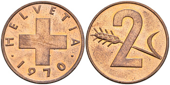 Швейцария 2 раппена 1970 KM 47 бронза UNC 4592-732