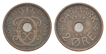 Дания 2 эре 1929 N, Кристиан X (1912-1947) KM 827 бронза 4639-743