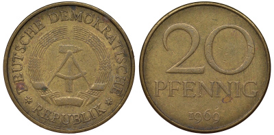 ГДР 20 пфеннигов 1969 А, первый год KM 11 латунь 62-947
