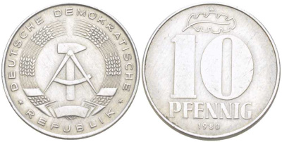 ГДР 10 ПФЕННИГОВ 1980 А KM 10 алюминий 117-724