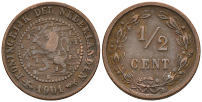 Нидерланды 1/2 цента 1901 Вильгельмина (1890-1948) KM 109 бронза 4576-316