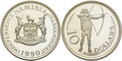 Намибия 10 долларов 1990 ISSAE PROBE, лучник, стрелок из лука серебро PROOF 04-316-32