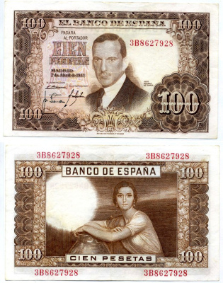 Испания 100 песет 1953 7 апреля 1953 Pick 145а бумага 8617-27-2-2