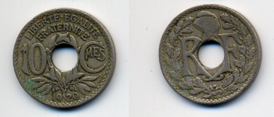 ФРАНЦИЯ 10 САНТИМОВ 1920 ТИП ЛИНДАЙЁ KM 866a медно-никель 4383-1011