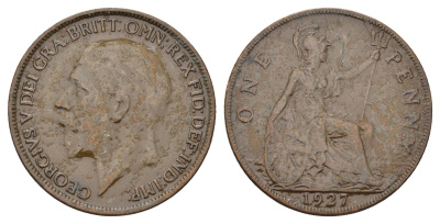 Великобритания 1 пенни 1927 Георг V (1910-1936) КМ 826, Spink 4054 бронза 4120-212