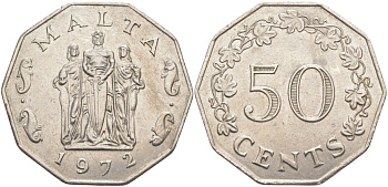 Мальта 50 центов 1972 памятник великой осаде в столице Валлетте KM 12 медно-никель 3855-1114