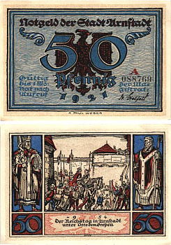 АРНШТАДТ 50 ПФЕННИГОВ 1921 НОТГЕЛЬД, БУКВА А, ЗЕМЛЯ ТЮРИНГИЯ Grabowski 43.3а бумага 7221-34-3-1