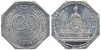 Германия, Нюрнберг - Фюрт 20 пфеннигов ND трамвайный жетон, фонтан добродетели алюминий UNC 4119-743