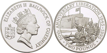 Гернси 2 фунта 1995 50 лет освобождения Нормандских островов, в оригинальной коробке, с сертификатом KM 61a серебро  PROOF  6-5-3-27