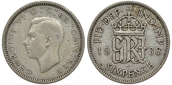Великобритания 6 пенсов 1938 Георг VI (1936-1952) KM 852, Spink 4084 серебро 4128-816