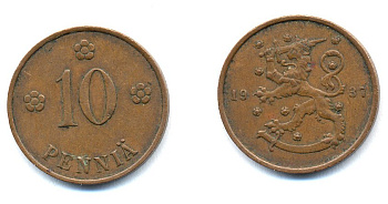 Финляндия 10 пенни 1937 KM 24 медь 51-5556
