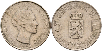 Люксембург 5 франков 1962 Великая герцогиня Шарлотта (1919-1964) KM 51 медно-никель 4143-1246