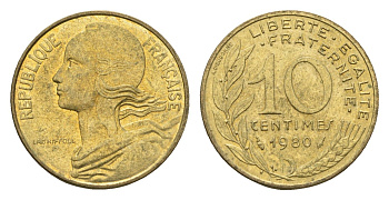 Франция 10 сантимов 1980 KM 929 алюминиевая бронза 4674-615