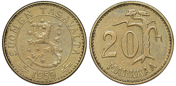 ФИНЛЯНДИЯ 20 МАРОК 1959 S KM 39 алюминиевая бронза 3334-742