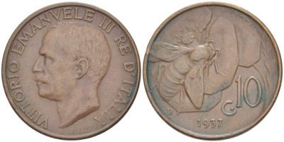 ИТАЛИЯ 10 ЧЕНТЕЗИМО 1937 R, МОНДВОР РИМ, ВИКТОР ЭММАНУИЛ III (1900-1946) KM 60 медь 4525-327