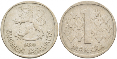 ФИНЛЯНДИЯ 1 МАРКА 1980 K KM 49а медно-никель 3718-836