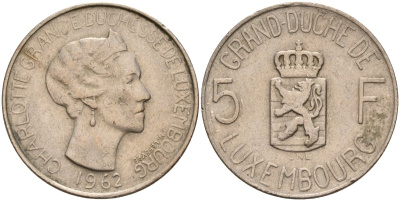 Люксембург 5 франков 1962 Великая герцогиня Шарлотта (1919-1964) KM 51 медно-никель 4143-1246