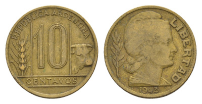 Аргентина 10 сентаво 1943 KM 41 алюминиевая бронза 4655-1013
