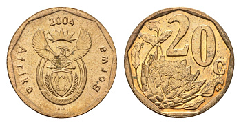 ЮАР 20 центов 2004 герб, цветок протея KM 328 сталь плакированная бронзой UNC 4687-559