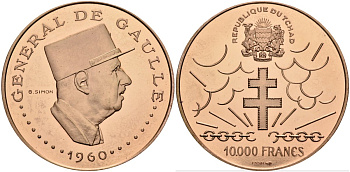 Чад 10000 франков 1960 ESSAI, генерал Шарль де Голль медь PROOF 04-320-45