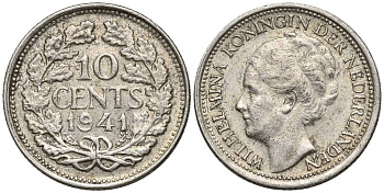 Нидерланды 10 центов 1941 Вильгельмина I (1890-1948) КМ 163 серебро 4549-1048