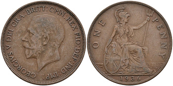 Великобритания 1 пенни 1936 Георг V (1910-1936) KM 838, Spink 4055 бронза 4574-113