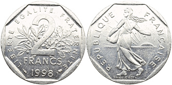 Франция 2 франка 1998 сеятель, тираж 45025013 экземпляров KM 942.1 никель 1530-1343