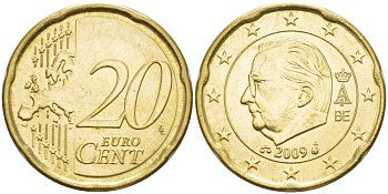 БЕЛЬГИЯ 20 ЕВРОЦЕНТОВ 2009 АЛЬБЕРТ II KM 228 латунь 75-743