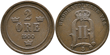 Швеция 2 эре 1900 Оскар II (1872-1907) король Швеции и Норвегии, круглые нули KM 746 бронза 56-914
