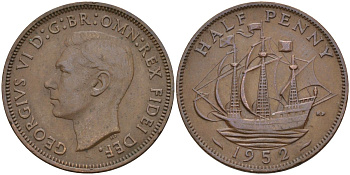 Великобритания 1/2 пенни 1952 Георг VI (1936-1952) KM 868, Spink 4118 бронза 4153-836