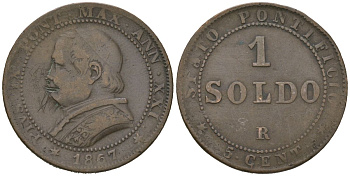 Папская область 1 сольдо = 5 центов 1867 R, Пий IX (1846-1878) KM 1372.2 медь 92-725