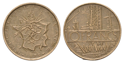Франция 10 франков 1975 KM 940 медь алюминий никель 4118-622