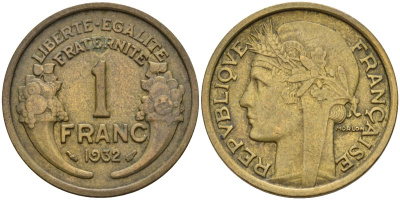 Франция 1 франк 1932 KM 885, Le Franc 219.2 алюминиевая бронза 4142-812