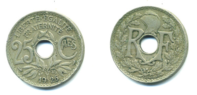 ФРАНЦИЯ 25 САНТИМОВ 1926 KM 867а медно-никель 4381-455