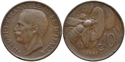 Италия 10 чентезимо 1921 R, пчела, Виктор Эммануил III (1900-1946) KM 60 бронза 4171-843