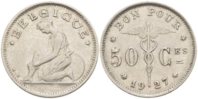 БЕЛЬГИЯ 50 САНТИМОВ 1927 BELGIQUE KM 87 никель 4546-215
